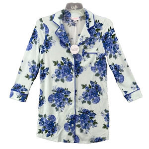 New Lacey Chabert Robe Womens Sz XS Green Blue Floral Butter Soft Button‎ Up